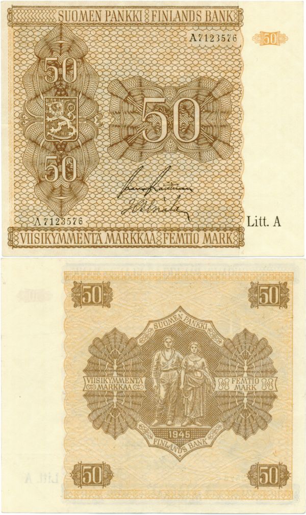 50 Markkaa 1945 Litt.A A7123576 kl.7